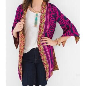 NWOT Chico’s Sz 2 Medium Large Kimono Reversible Printed Coat Jacket 3/4 Sleeves